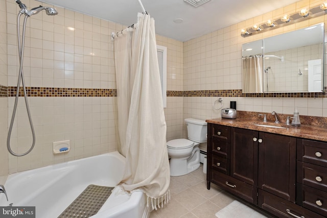 full bathroom with tile patterned floors, shower / bath combination with curtain, toilet, tile walls, and tasteful backsplash