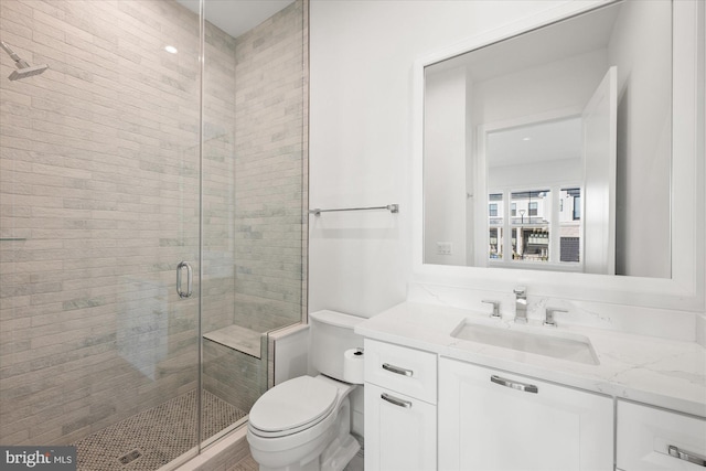 bathroom featuring vanity, toilet, and a shower with door