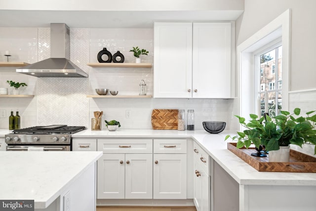 kitchen with tasteful backsplash, white cabinetry, wall chimney exhaust hood, and high end stainless steel range oven