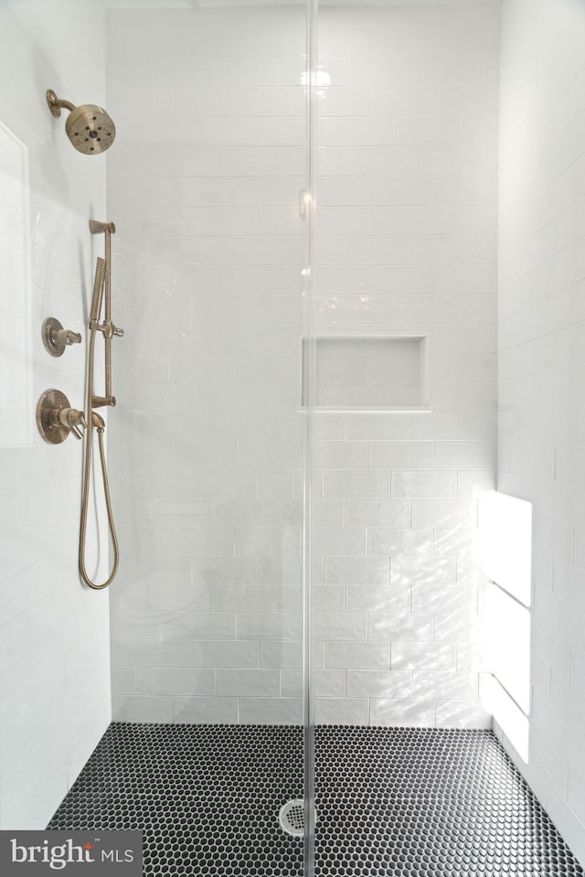 bathroom featuring a shower with shower door