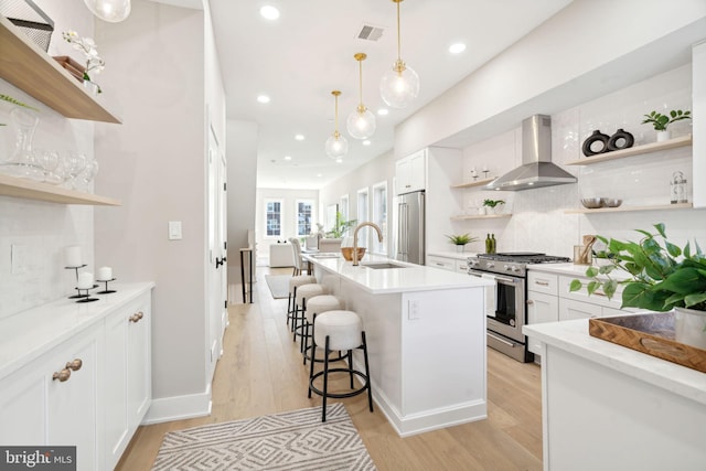 kitchen featuring premium appliances, white cabinetry, wall chimney range hood, and an island with sink