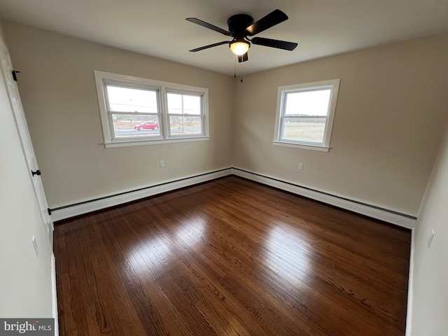 spare room with ceiling fan, dark wood-type flooring, and baseboard heating