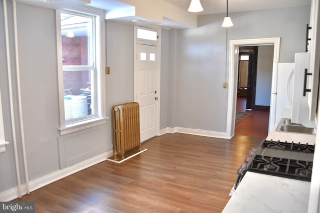 entrance foyer with radiator heating unit, dark hardwood / wood-style floors, and sink