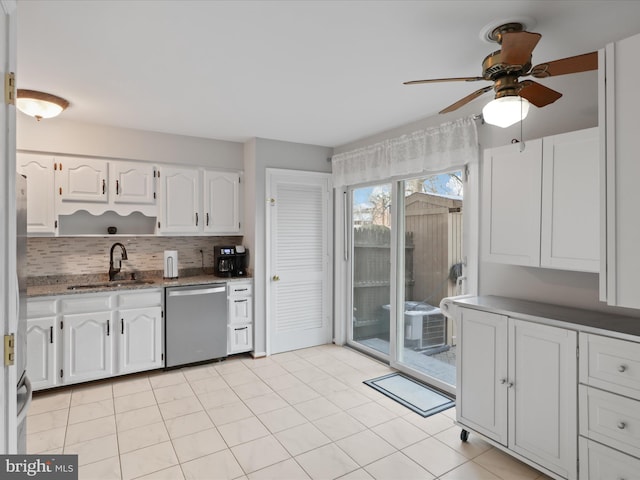 kitchen with white cabinetry, sink, ceiling fan, stainless steel appliances, and decorative backsplash