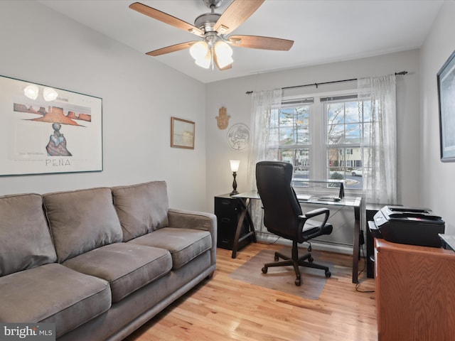 office area featuring ceiling fan and light hardwood / wood-style floors