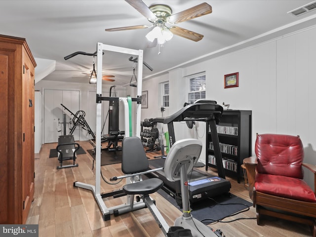 exercise room with light hardwood / wood-style flooring, ceiling fan, and ornamental molding