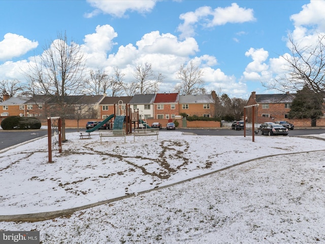 view of snow covered playground