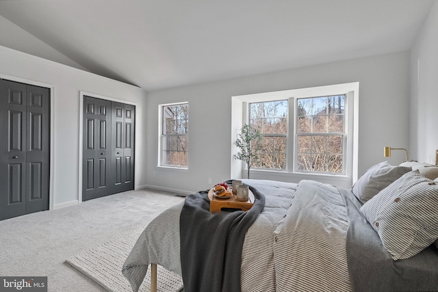 carpeted bedroom with lofted ceiling and two closets