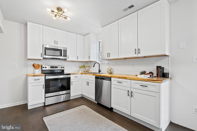 kitchen with wooden counters, appliances with stainless steel finishes, decorative backsplash, sink, and white cabinets