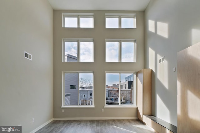 interior space featuring light wood-type flooring, a towering ceiling, and a wealth of natural light