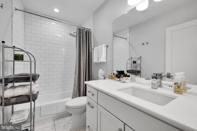 full bathroom with vanity, toilet, and shower / bathtub combination with curtain