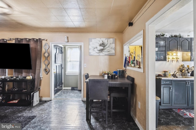 dining room with sink and ornamental molding