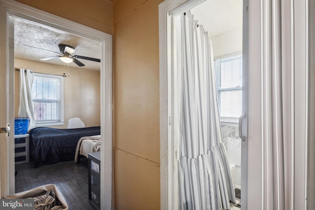 bedroom with ceiling fan and a textured ceiling