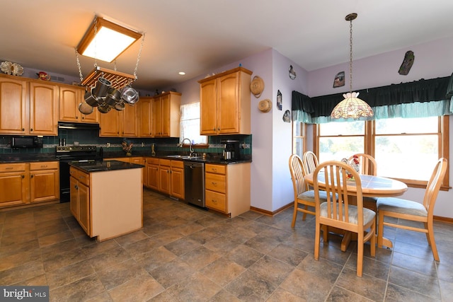 kitchen featuring sink, pendant lighting, dishwasher, a center island, and black range with electric stovetop