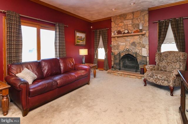 carpeted living room featuring a stone fireplace and crown molding