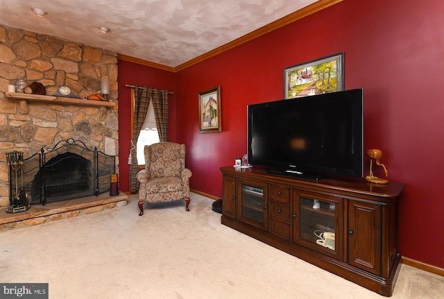 carpeted living room with crown molding and a fireplace