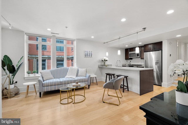 living room featuring sink, light hardwood / wood-style floors, and track lighting