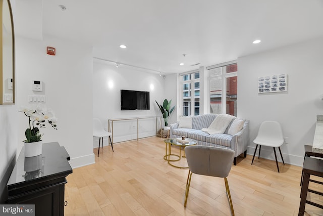 living room with light hardwood / wood-style floors and track lighting