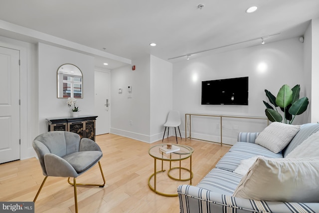 living room with rail lighting and hardwood / wood-style flooring