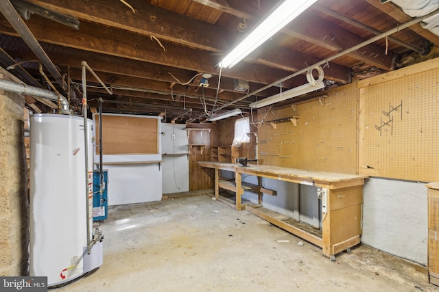 basement featuring a workshop area and water heater