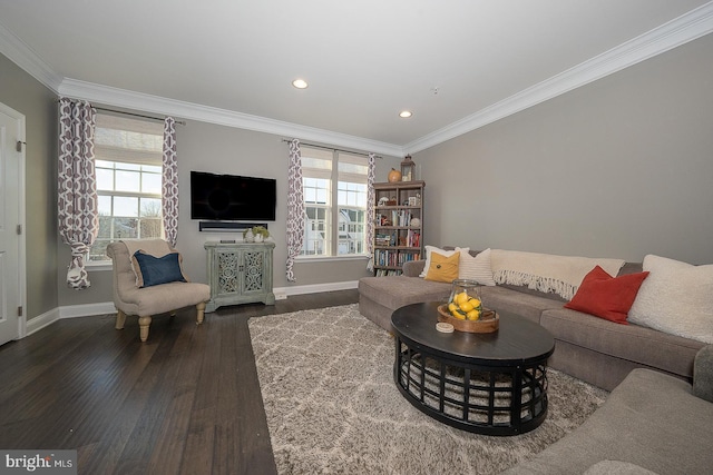 living room featuring crown molding and dark hardwood / wood-style floors