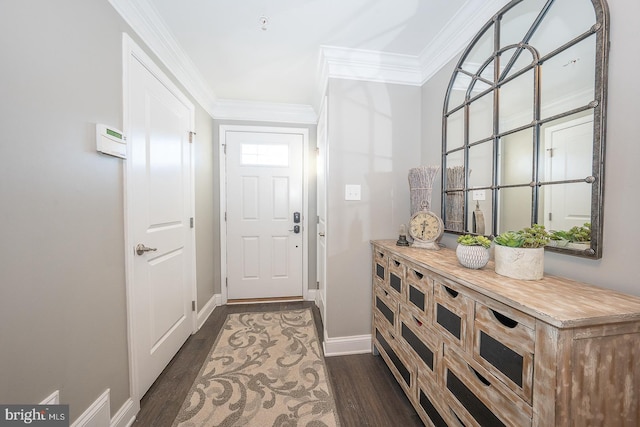 doorway featuring dark hardwood / wood-style floors and ornamental molding