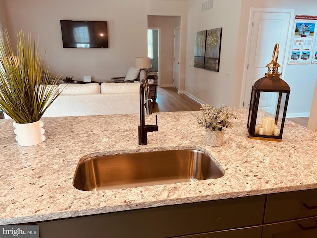 room details featuring light stone countertops, hardwood / wood-style floors, and sink