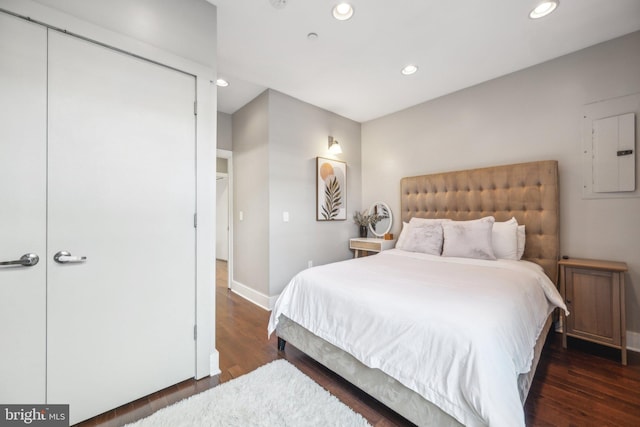 bedroom featuring dark hardwood / wood-style flooring, electric panel, and a closet