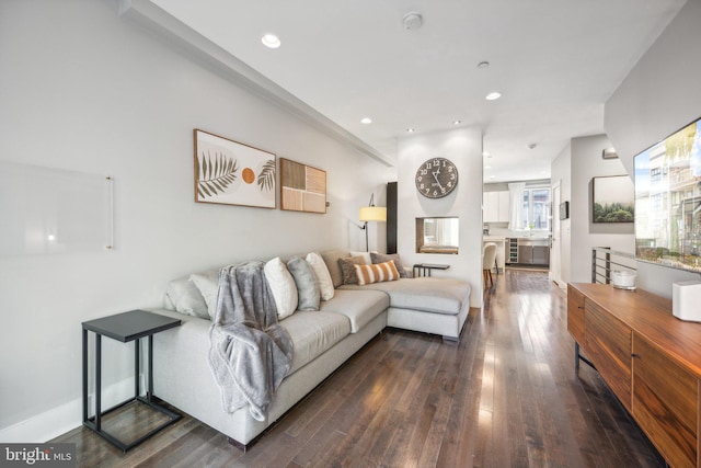 living room with dark hardwood / wood-style flooring