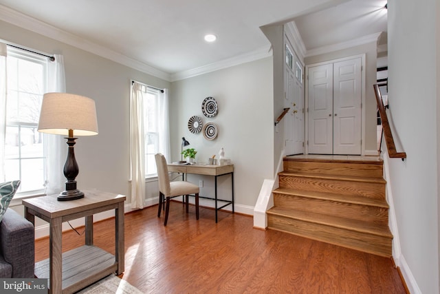 interior space with hardwood / wood-style flooring and crown molding