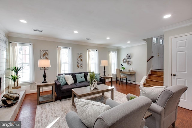 living room featuring crown molding and dark wood-type flooring