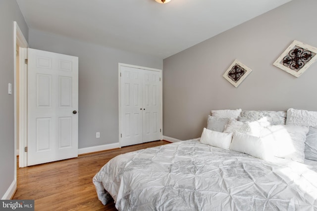 bedroom featuring hardwood / wood-style floors and a closet