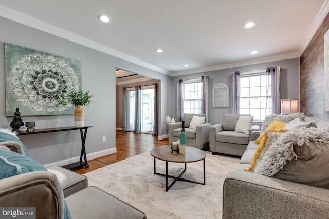 living room featuring hardwood / wood-style floors and crown molding