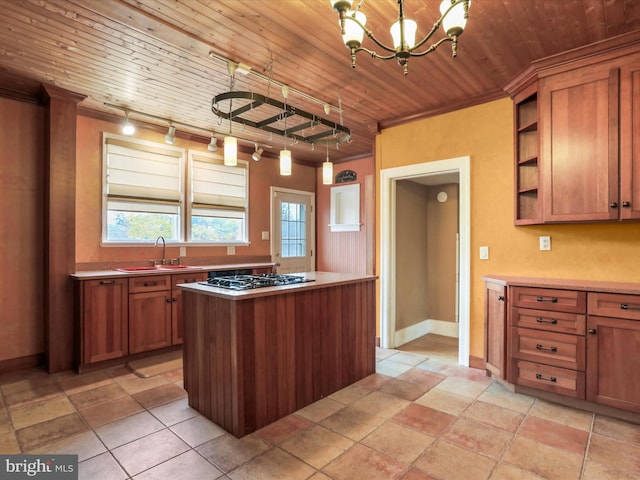 kitchen with wood ceiling, pendant lighting, and track lighting