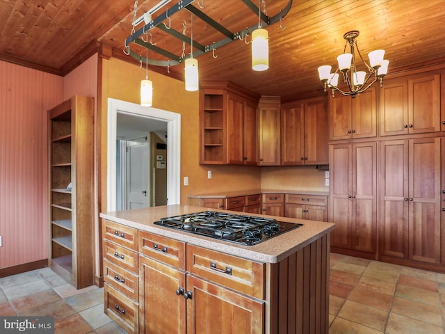 kitchen featuring decorative light fixtures, black gas cooktop, wooden ceiling, a chandelier, and a kitchen island