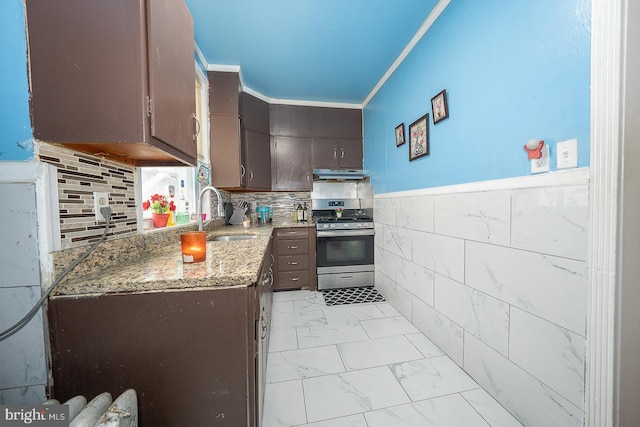 kitchen with stainless steel range with gas cooktop, sink, dark brown cabinets, and ornamental molding