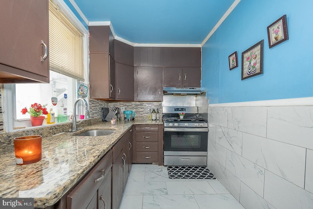 kitchen with sink, ornamental molding, stone countertops, gas stove, and dark brown cabinets