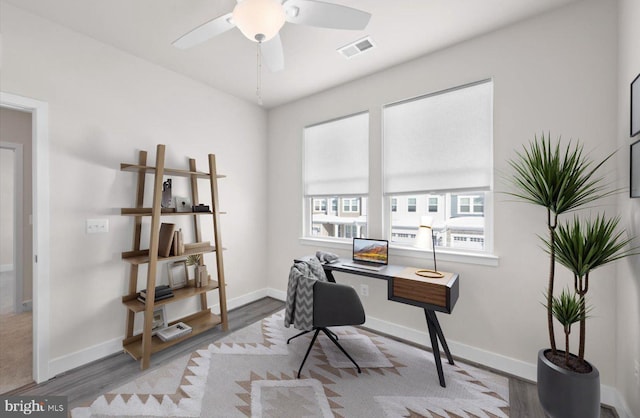 home office featuring ceiling fan and wood-type flooring