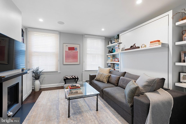 living room with dark hardwood / wood-style floors