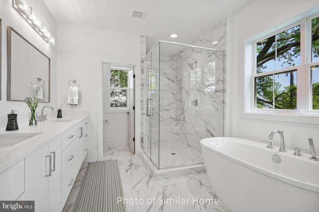 bathroom featuring vanity, a wealth of natural light, and independent shower and bath