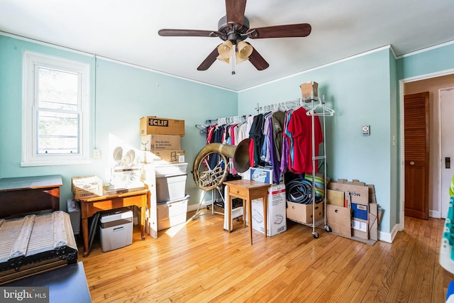 interior space with ceiling fan and light hardwood / wood-style floors