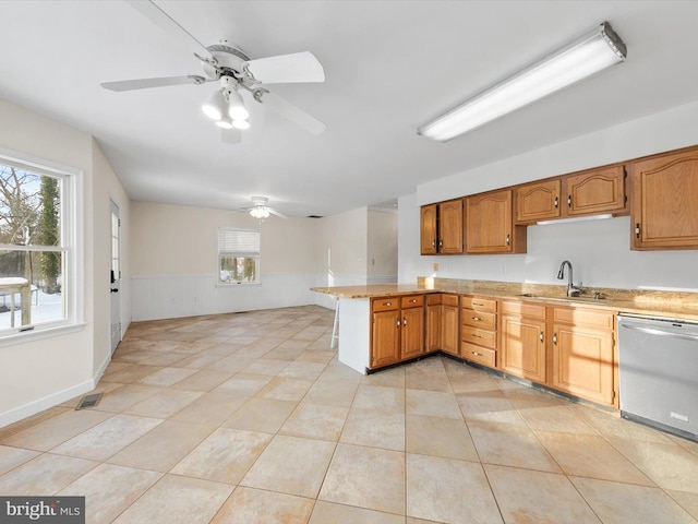 kitchen with sink, stainless steel dishwasher, ceiling fan, a healthy amount of sunlight, and kitchen peninsula