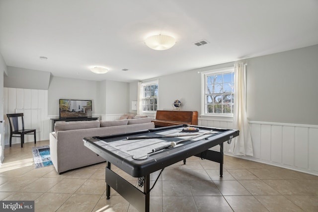 playroom with light tile patterned floors and billiards