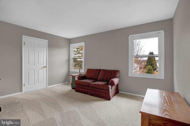 sitting room featuring light colored carpet