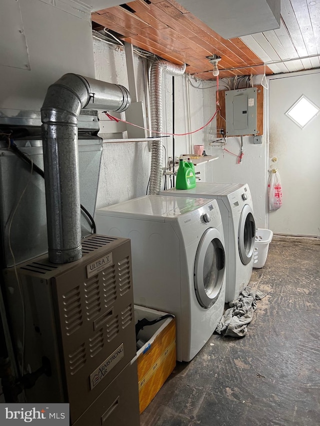 washroom featuring electric panel and washer and clothes dryer