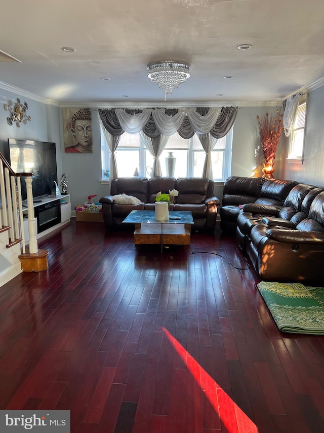 living room featuring dark hardwood / wood-style flooring, an inviting chandelier, and ornamental molding