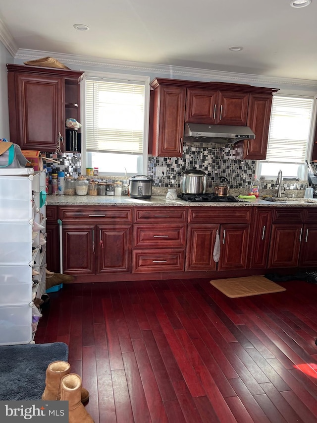 kitchen with sink, dark wood-type flooring, gas cooktop, light stone counters, and ornamental molding