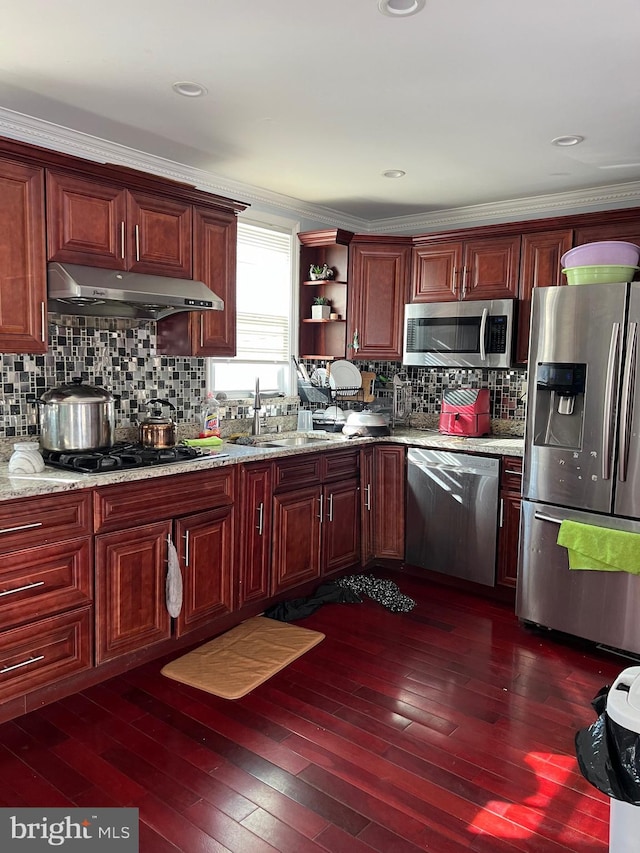 kitchen featuring crown molding, light stone countertops, sink, and appliances with stainless steel finishes