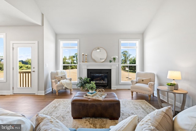 living room with lofted ceiling and hardwood / wood-style flooring