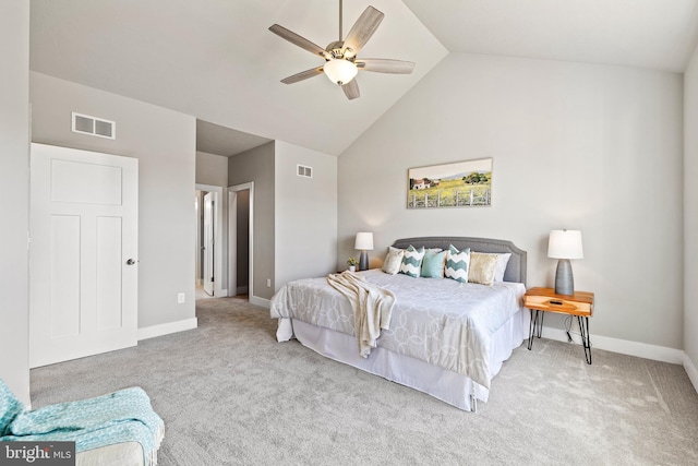 carpeted bedroom with high vaulted ceiling and ceiling fan